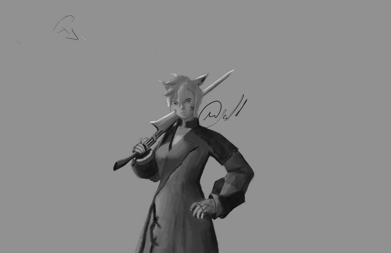 Digital drawing of a Miqo'te from Final Fantasy 14, holding a gunblade resting on her shoulder. The Drawing is in greyscale.