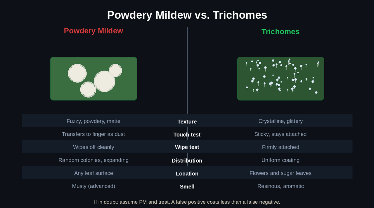 Side by side comparison: powdery mildew vs. trichomes on cannabis