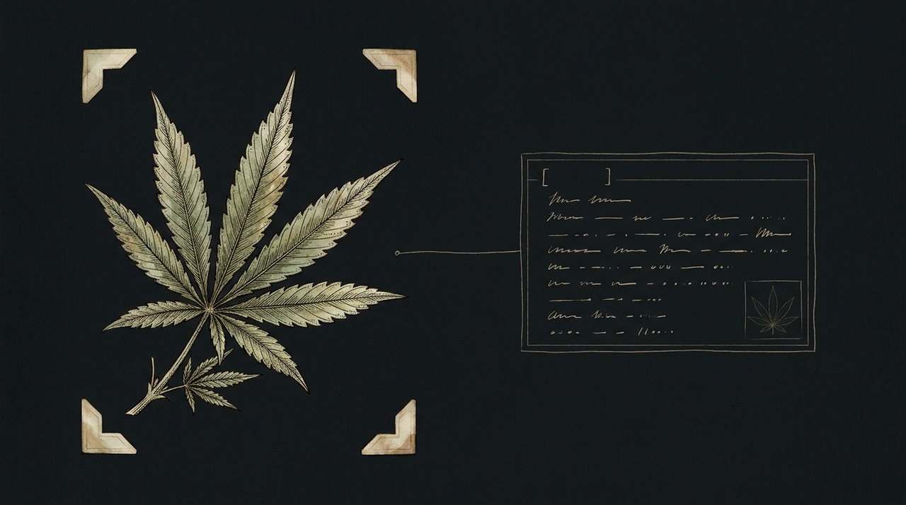 A herbarium specimen sheet in antique botanical style - a pressed cannabis leaf drawn in fine engraved ink on the left, joined by a single ruled line to a naturalist's record card of neat abstract pen strokes on the right