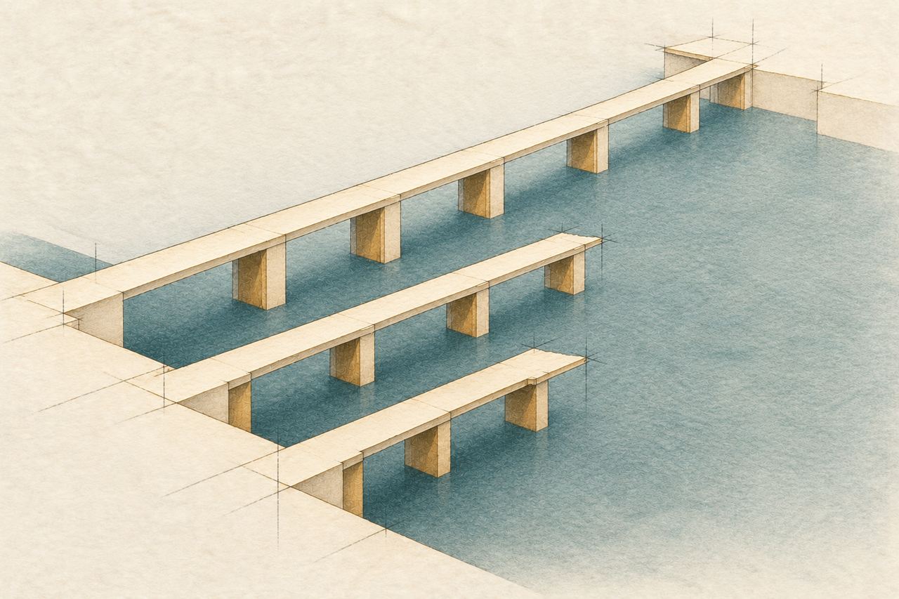 Three paper bridges cross a muted blue-green sea; one reaches the far shore and two stop midway.