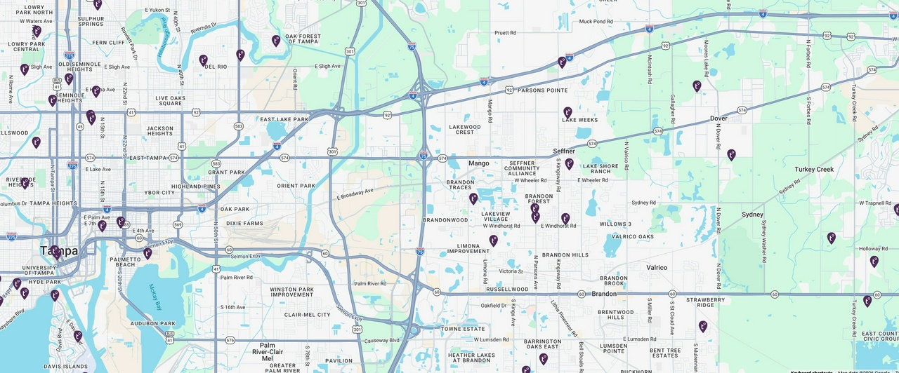 A detailed map of Tampa, Brandon, Valrico, Seffner, and surrounding areas showing numerous Tempest Weather Station locations marked with purple pins.