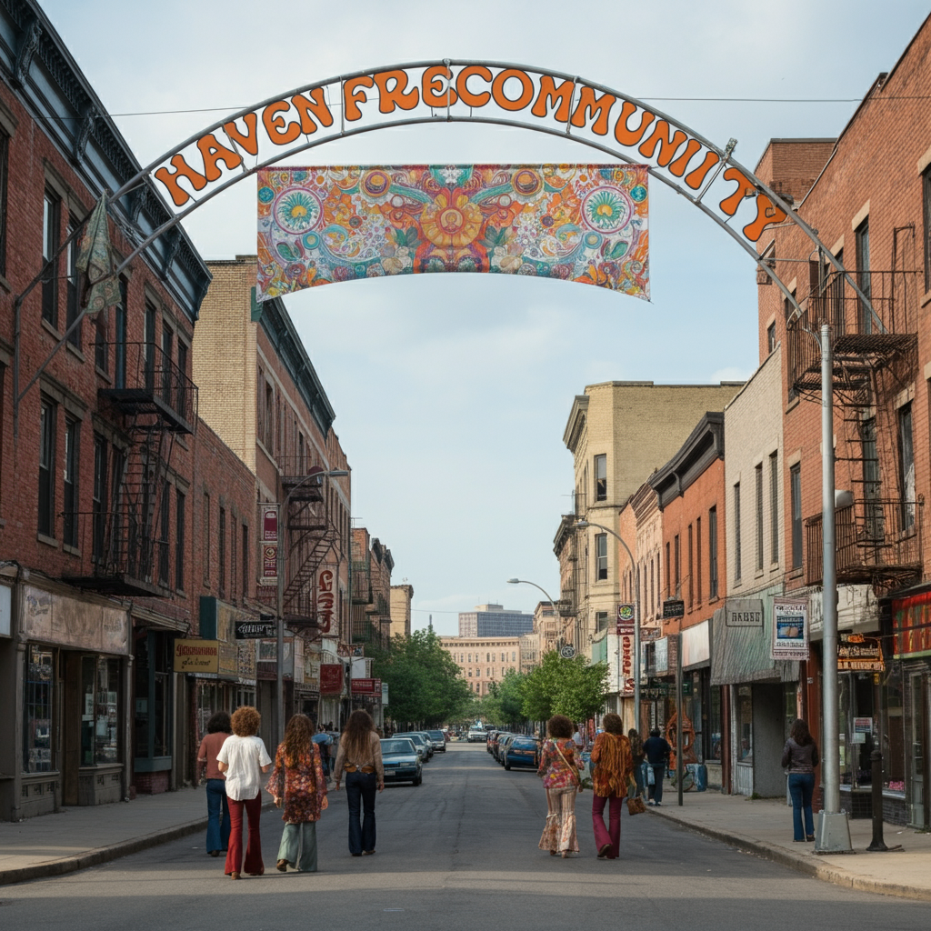 The Haven Freecommunity cooperative neighborhood in 1974, as seen in the fictitious US Midwestern city of Progress, in an image generated by AI. The Haven Freecommunity cooperative neighborhood in 1974, as seen in the fictitious US Midwestern city of Progress, in an image generated by AI.