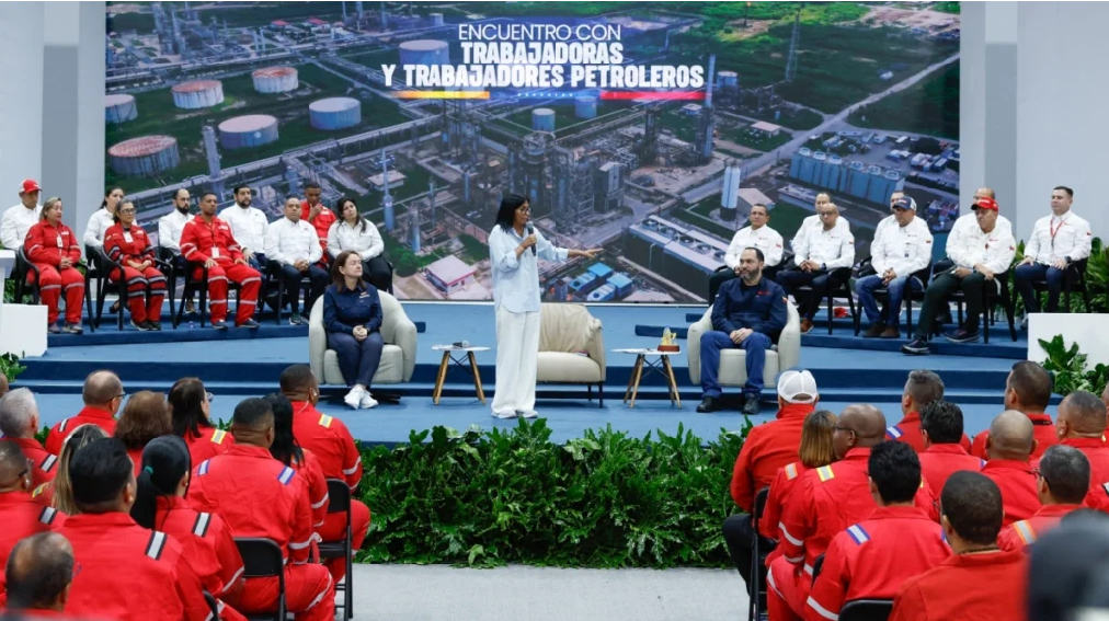 Venezuela President Delcy Rodriguez speaks to oil workers about massive investment deal. | Fight Back! News