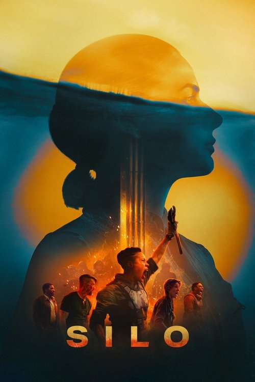 Promotional poster for the series 'Silo' featuring a large silhouette of a woman's profile filled with various scenes and characters. The silhouette is set against a vibrant yellow and blue background, with a prominent title 'SILO' at the bottom. The scenes inside the silhouette depict a group of people in various dramatic poses, suggesting intense narrative elements. Promotional poster for the series "Silo" featuring a large silhouette of a woman's profile filled with various scenes and characters. The silhouette is set against a vibrant yellow and blue background, with the prominent title "SILO" at the bottom. The scenes inside the silhouette depict a group of people in various dramatic poses, suggesting intense narrative elements.