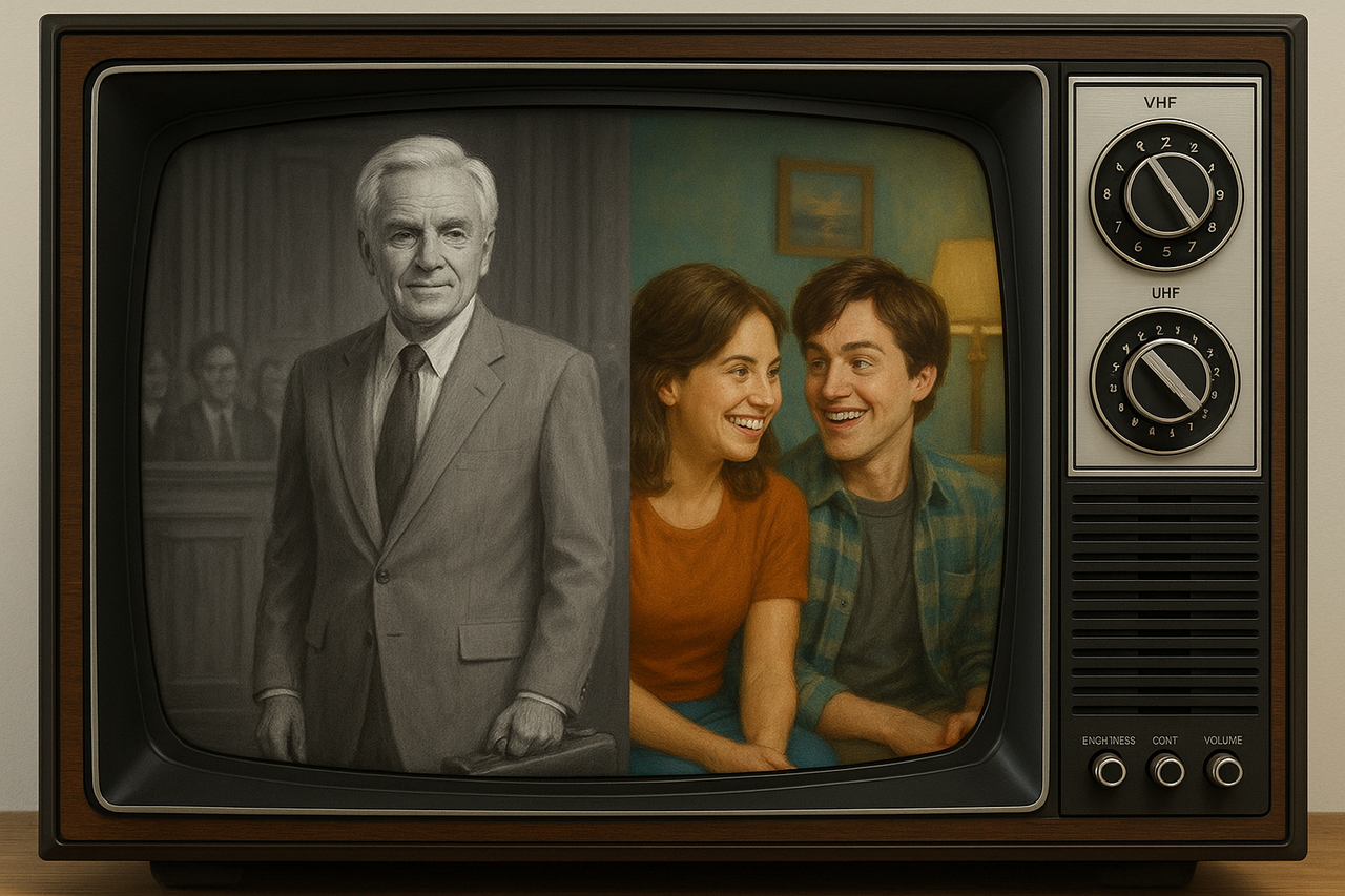 A vintage television displays a split screen: on the left, a black-and-white courtroom scene with an older man in a suit; on the right, a colorful modern sitcom scene with a young smiling couple in a cozy living room.