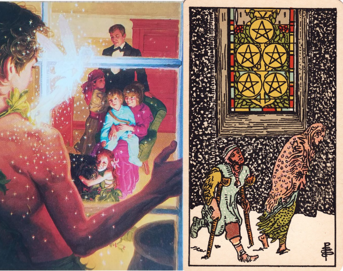outside looking in ("Happy Reunion" by Greg Hildebrandt for Peter Pan; the RWS 5 of Pentacles)