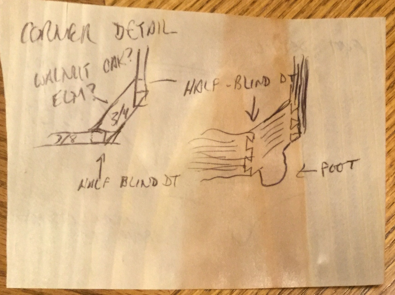 Corner detail sketch for box, showing half-blind dovetails and feet on the corner pieces