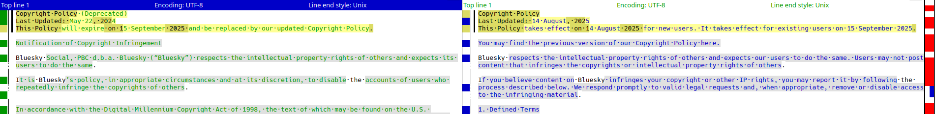 Large blocks of text from Bluesky's Copyright Policy and previous Copyright Policy. The top section is mostly highlighted yellow. The bottom sections are mostly highlighted either green or blue.