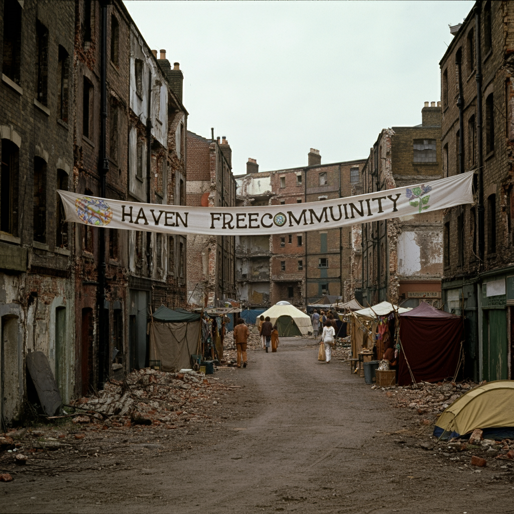 A newly declared "Haven Freecommunity" in the rubble of the recently completed social-justice riots in the 1970s slums of the fictitious US Midwestern city Progress, in an image generated by AI. A newly declared "Haven Freecommunity" in the rubble of the recently completed social-justice riots in the 1970s slums of the fictitious US Midwestern city Progress, in an image generated by AI.