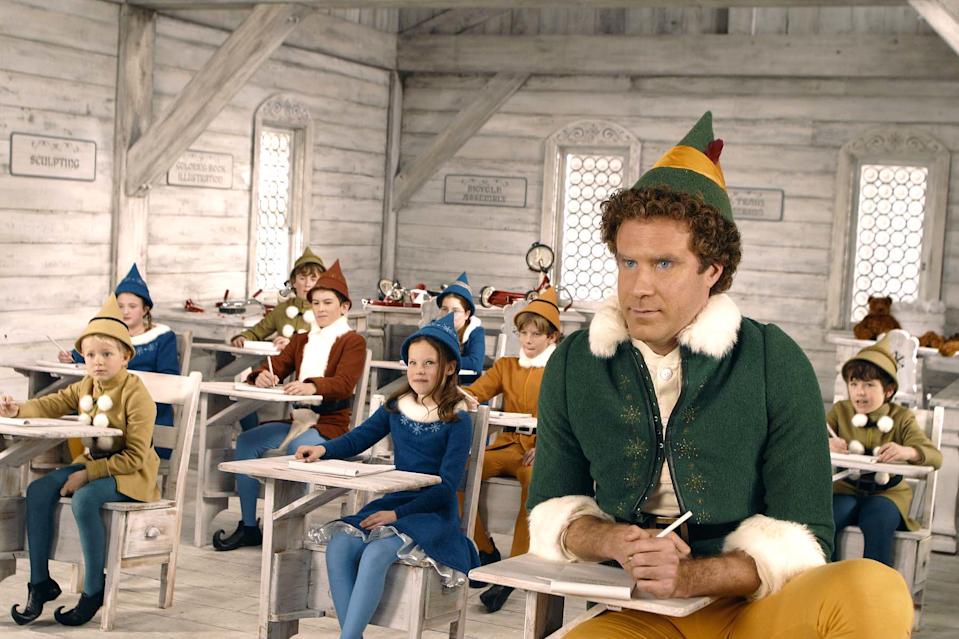 Buddy the Elf, early in the movie, sits at a small desk in a classroom surrounded by actual children, Billy Madison-style