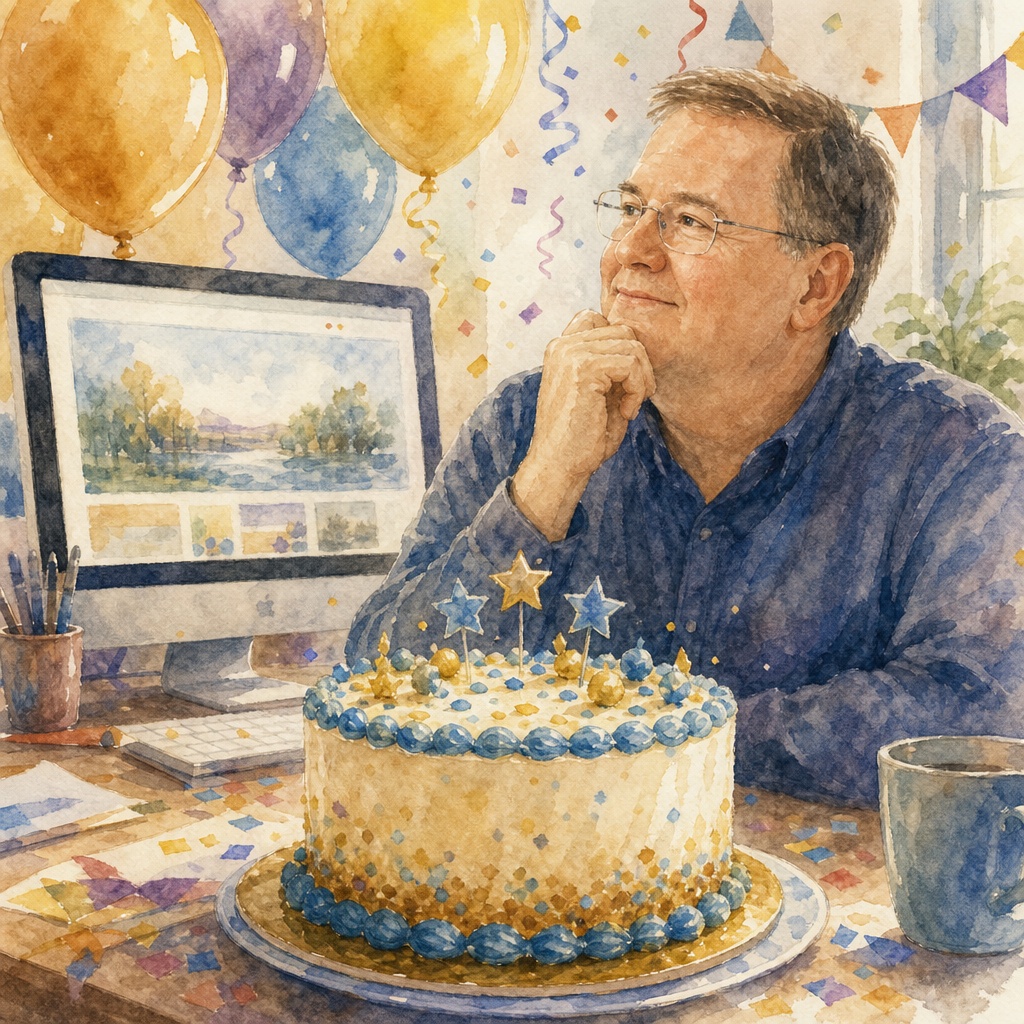 A watercolor painting of a middle-aged man with short brown hair and glasses, wearing a blue button-up shirt, sitting at a desk with a thoughtful, content expression. In front of him is a round birthday cake decorated with blue and gold icing, topped with star-shaped candles in gold and blue. The desk also holds a blue coffee mug and some papers. Behind the man is a computer monitor displaying a landscape painting with trees and a river. The background is festive with colorful balloons in gold, purple, and blue, as well as hanging triangular pennant banners and confetti scattered around, suggesting a birthday celebration. The setting appears to be a bright, cheerful room with natural light coming through a window.