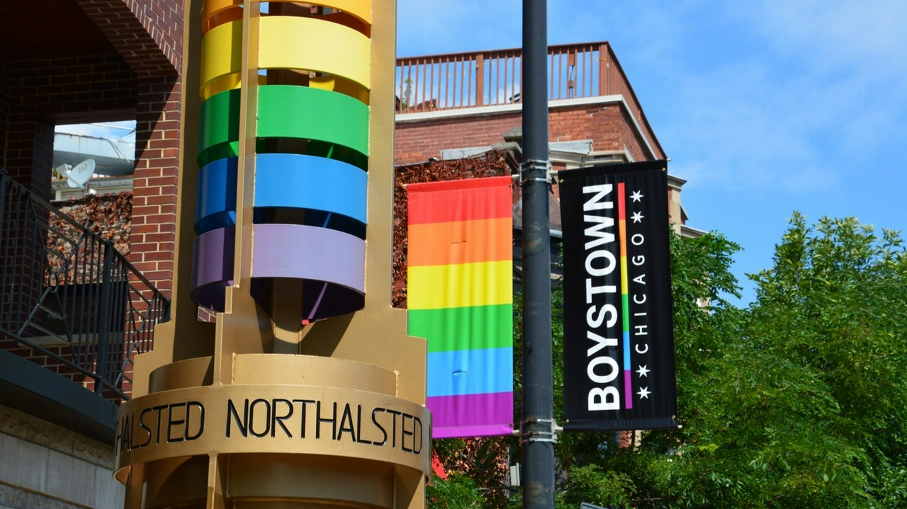 The hideous "Pride" lightpoles of the 1990s gentrified Boystown neighborhood of Chicago. The hideous "Pride" lightpoles of the 1990s gentrified Boystown neighborhood of Chicago.