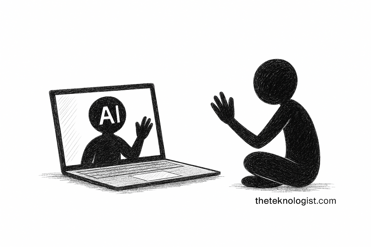 Illustration of a person interacting with their computer like it's a person.