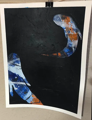 acrylic on paper: two koi circling, on a black background. the fish are blue and orange, with tones and shades. 