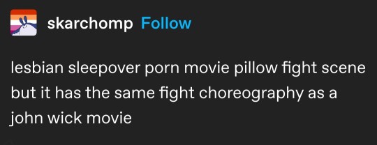 tumblr post by skarchomp: lesbian sleepover porn movie pillow fight scene but it has the same fight choreography as a john wick movie