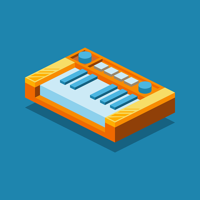 An isometric view of a cartoon musical keyboard with one key shy of a full octave. The keyboard body is orange. It has yellow panels on the sides of the top. The sharps / flats are teal colored as are two large knobs at either end. There are four light grey pad style buttons along the back edge. The keyboard floats above a teal colored surface.