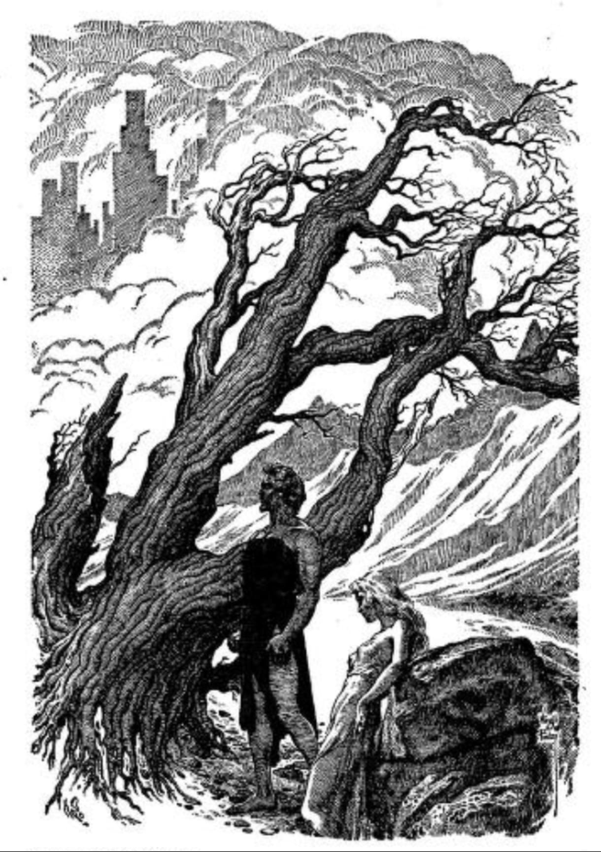 Black-and-white illustration by Virgil Finlay, accompanying a reprint of Ayn Rand's 1938 Anthem in the June 1953 Famous Fantastic Mysteries (page 13).