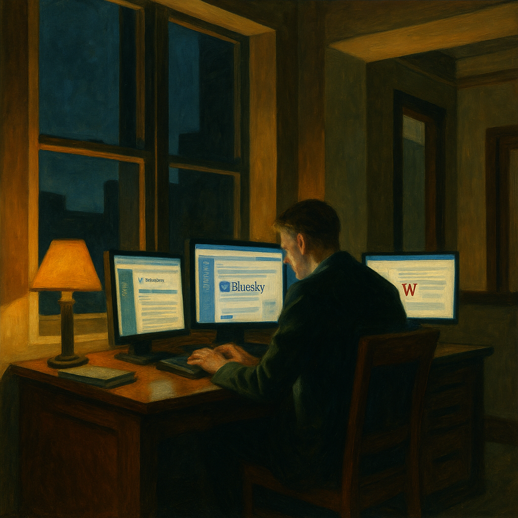 A man sits at a desk in a dimly lit room, working on a computer with three monitors displaying various web pages. The room has a warm ambiance with a lamp on the desk and a view of a cityscape through the window at night. The painting style is reminiscent of Edward Hopper, emphasizing solitude and the glow of screens in a dark room.
