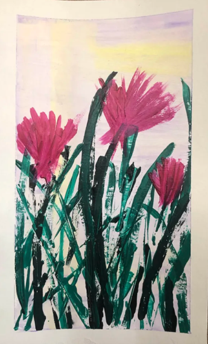 acrylic on stickerpaper: three bright pink flowers in tall grass. 