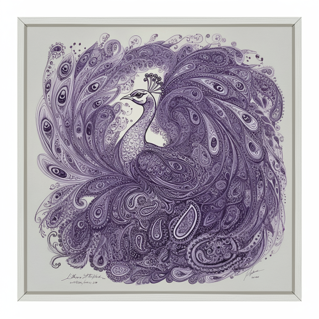 The famous 1973 lithograph 'Purple Zone Peacock,' made by neighborhood artist Julian Blackwell, within the fictitious US Midwestern city of Progress, in an image generated by AI. The famous 1973 lithograph "Purple Zone Peacock," made by neighborhood artist Julian Blackwell, within the fictitious US Midwestern city of Progress, in an image generated by AI.