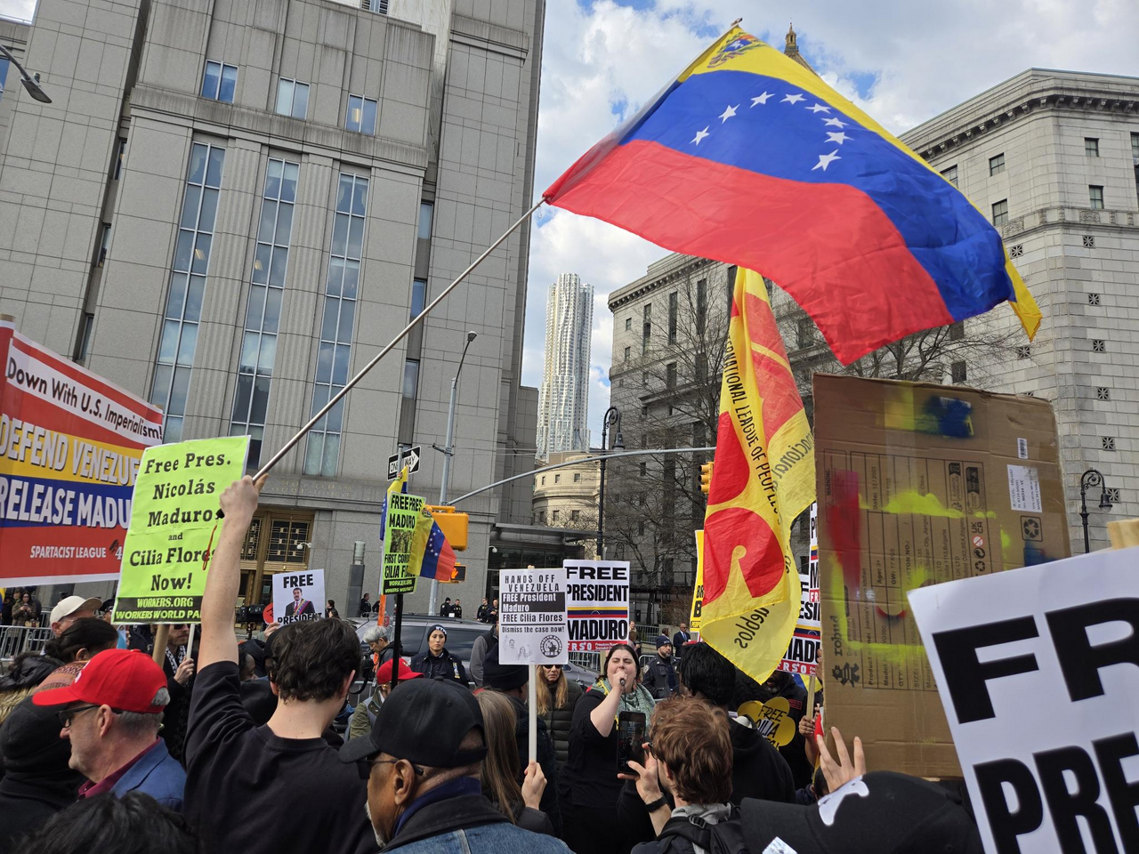 Protesters demand the release of President Maduro and First Lady Flores. 