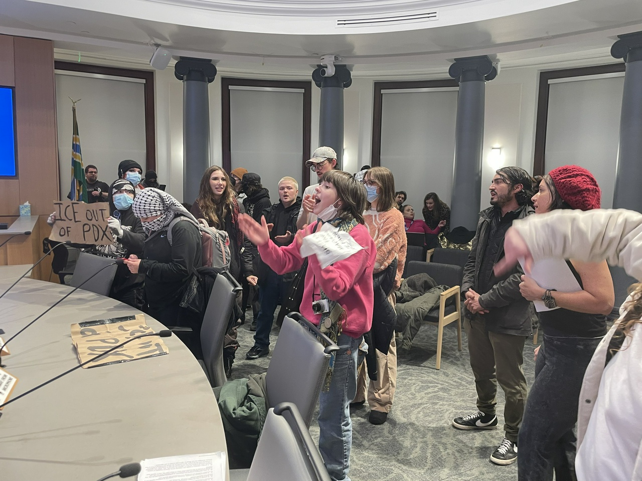 Protest against ICE in Portland city council chambers. | Fight Back! News Protest against ICE in Portland city council chambers.