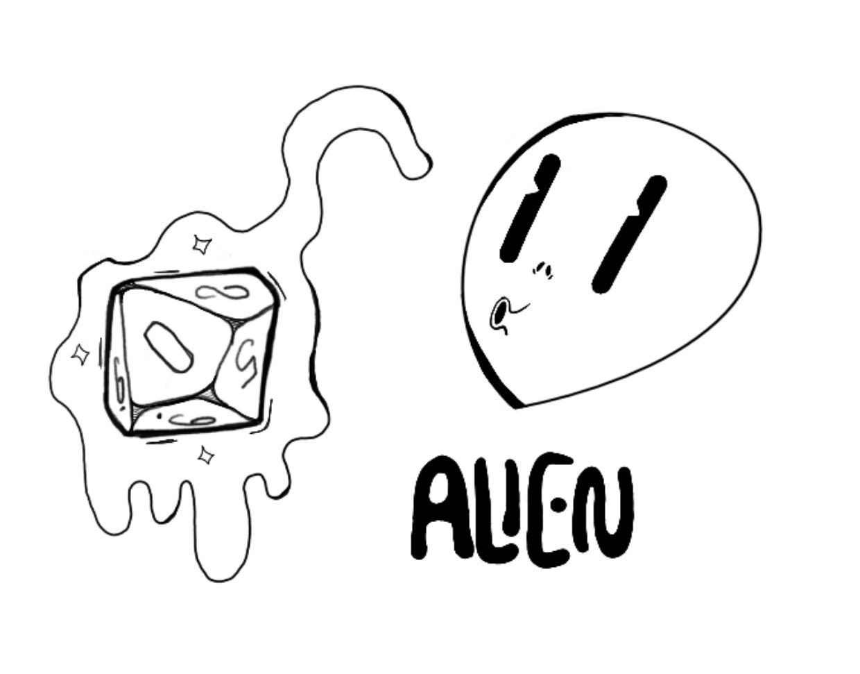 dibujo estilo cartoon de un alien que parece estar conjurando un dado con un 0