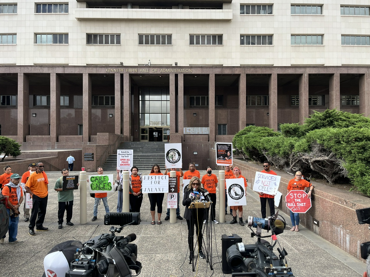 Participants in LA press conference denounce deputy sheriff gangs.