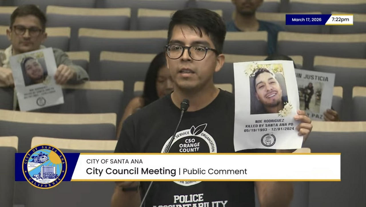 Santa Ana residents at city council meeting demand firing of killer cops. 
