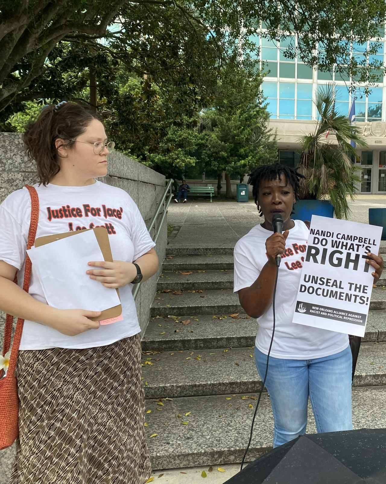 Shanta Scott and Toni Mar speak to a crowd of supporters in front of city hall before meeting with the mayor's office. | Fight Back! News Shanta Scott and Toni Mar speak to a crowd of supporters in front of city hall before meeting with the mayor's office.