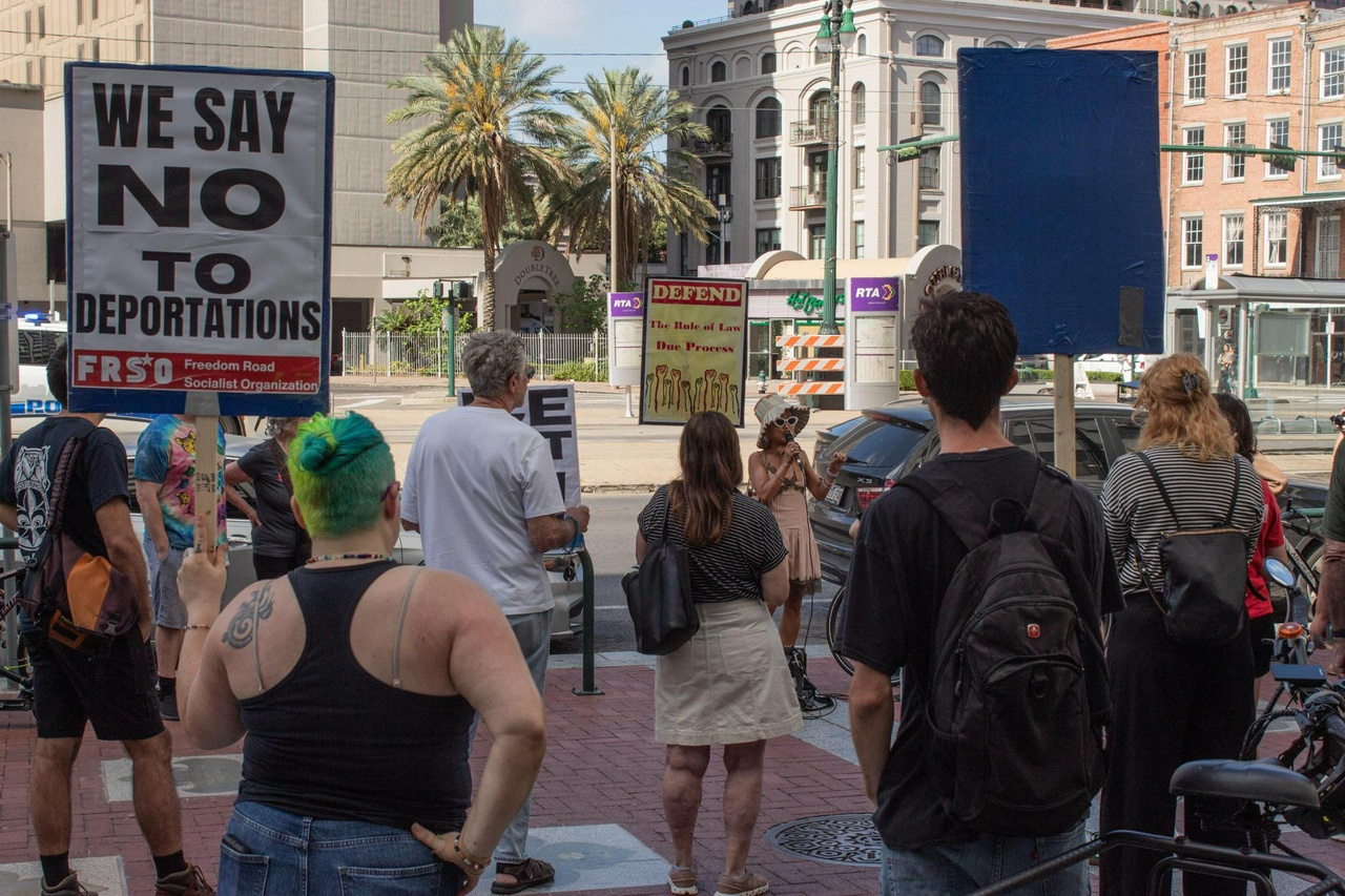 Emergency protest after the ICE detention of two immigrants after their immigration court hearing.