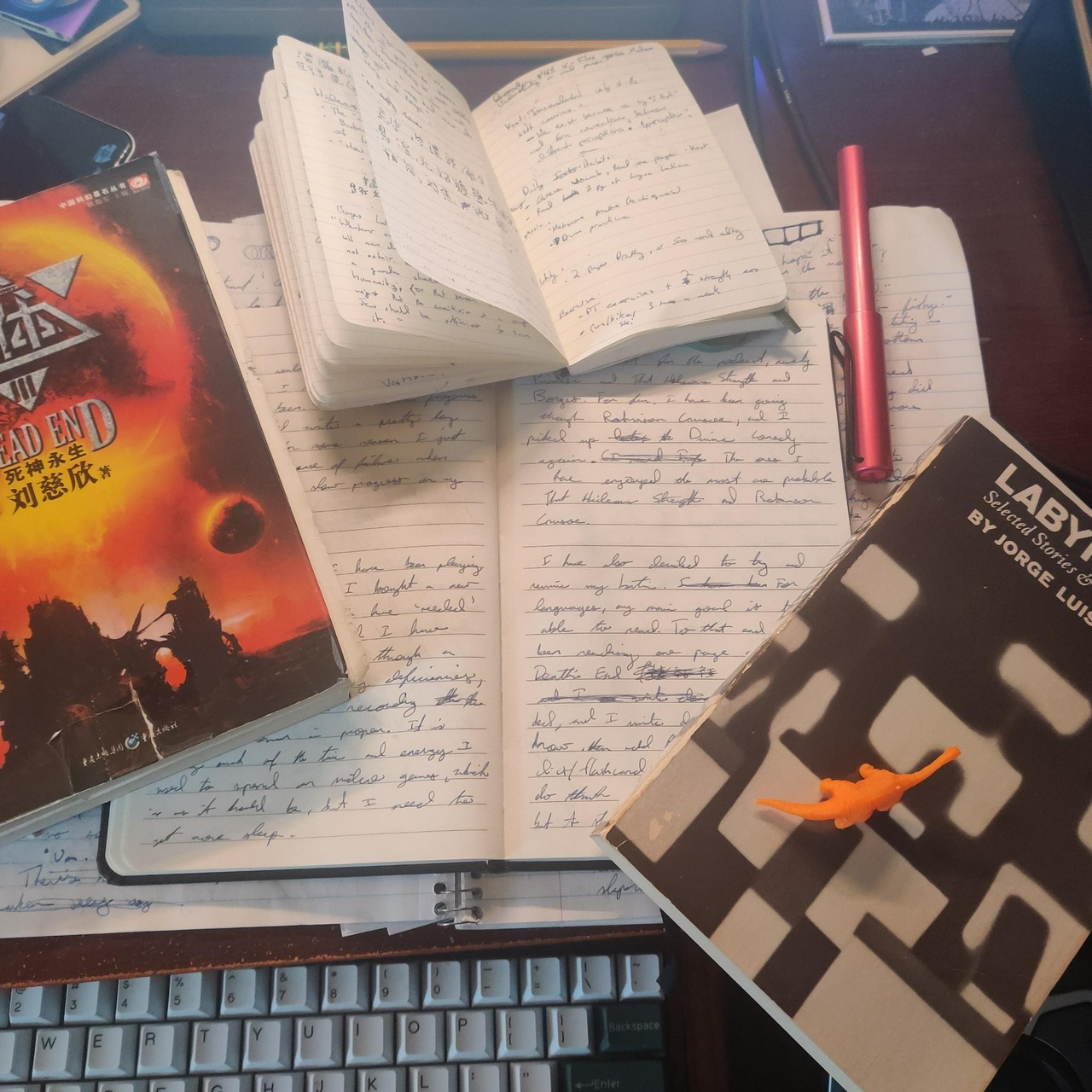 a photo of my desk, which has my notebook and books on it.