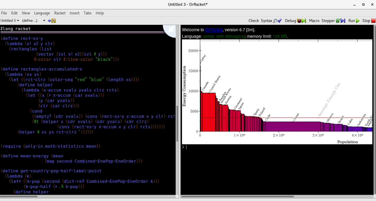 DrRacket Screenshot: accumulating rectangles along x-axis