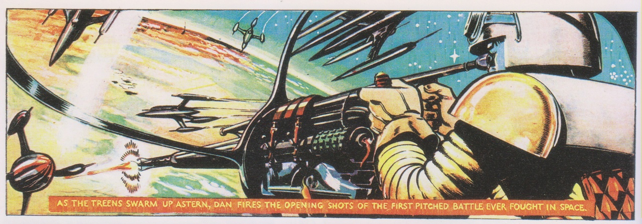 As the Treens swarm up astern, Dan fires the opening shots of the first pitched battle ever fought in space.