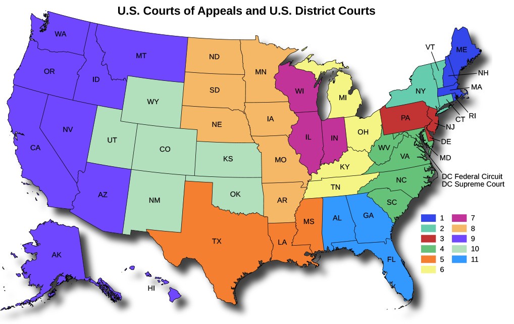 Map of the various federal judicial circuits