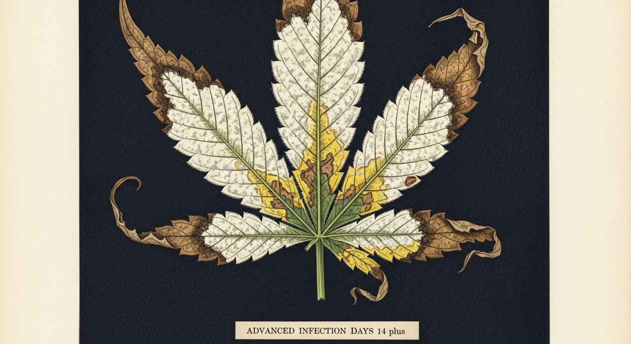Advanced powdery mildew - merged colonies covering cannabis leaf with yellowing