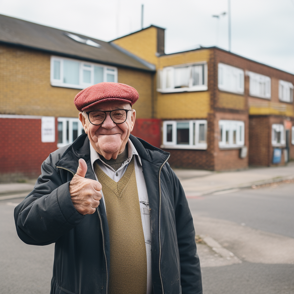 An elderly, smiling back, in front of run down, utilitarian house, gives a cheery thumbs up