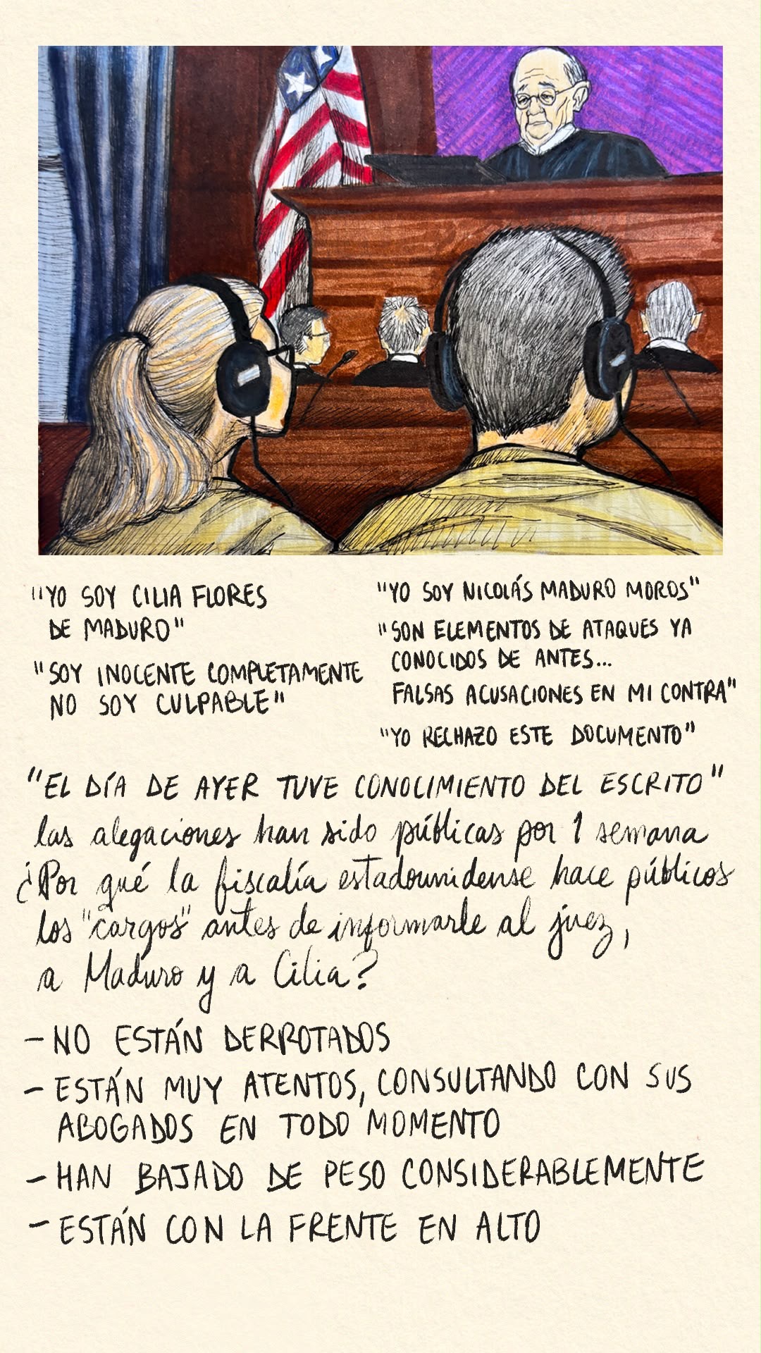 Art by Sabrina Mendoza A color drawing of a courtroom scene.