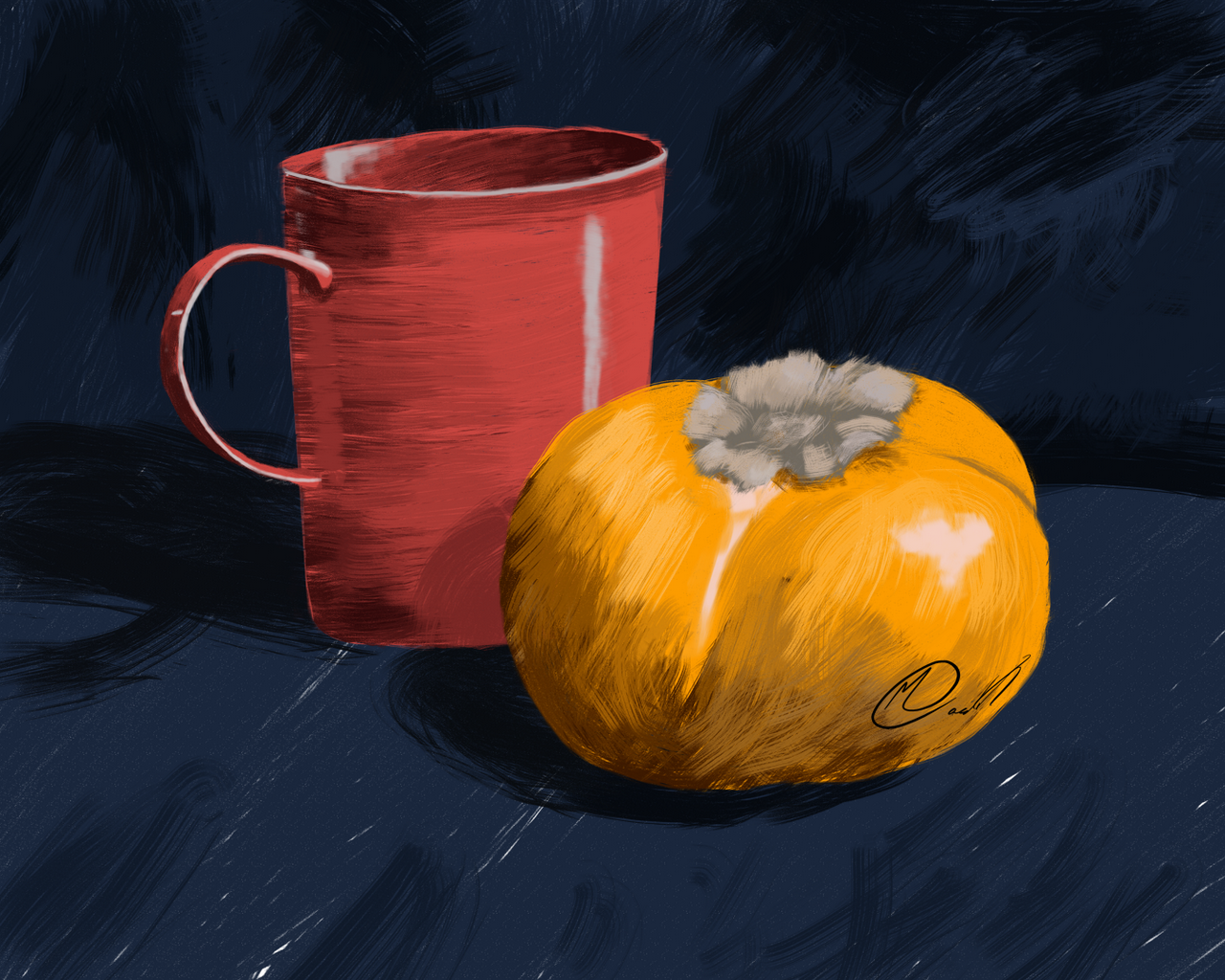 A colour rendition of a yellow persimon and a red tea mug.