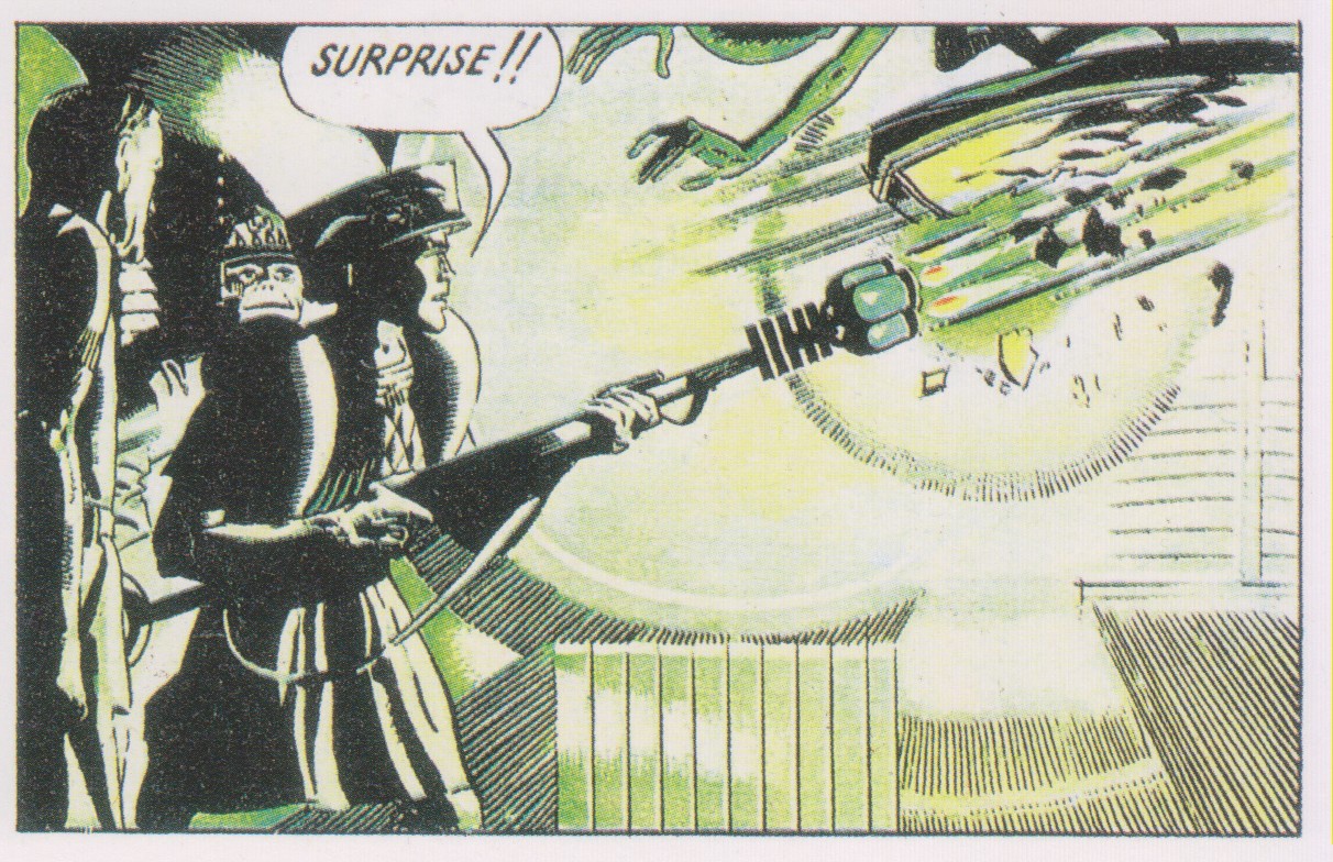 SURPRISE!! Dan blasts the Mekon's flying chair out from under him.