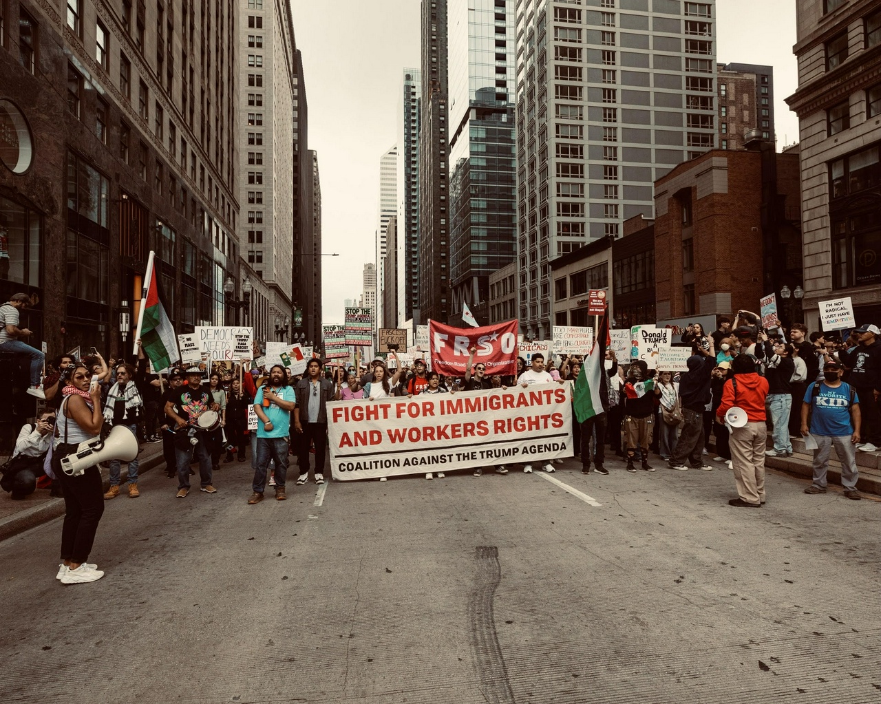 Protesters march on Michigan Avenue towards the Trump Tower.