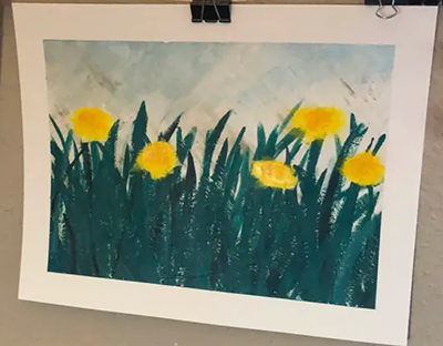 acrylic on paper: yellow dandelions in tall grass, inspired by my front yard in spring. 
