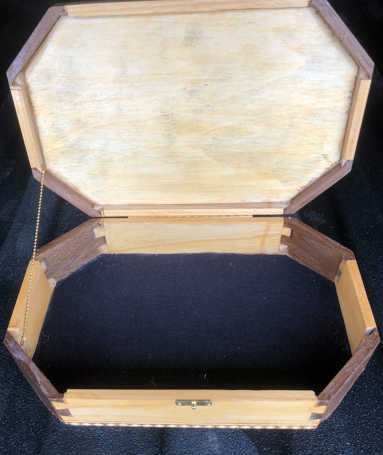 View of the interior of the box, showing the black felt lining the bottom