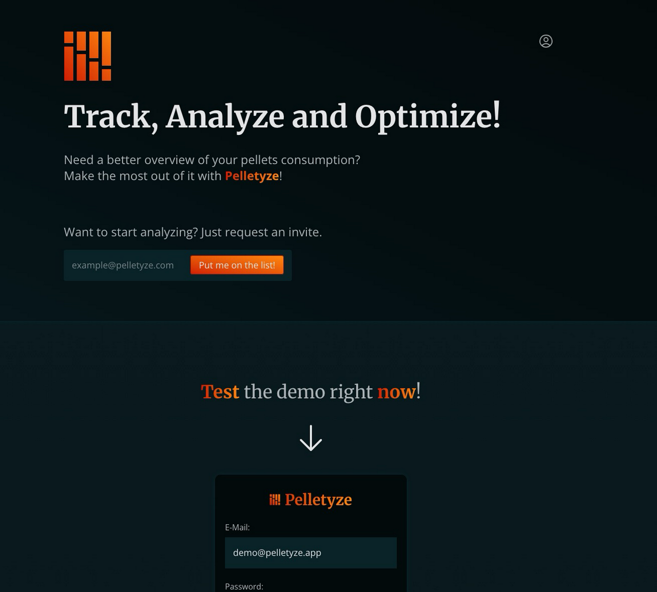 Section of Pelletyze.com landing page, which says “Track, Analyze, and Optimize!” in the headline.