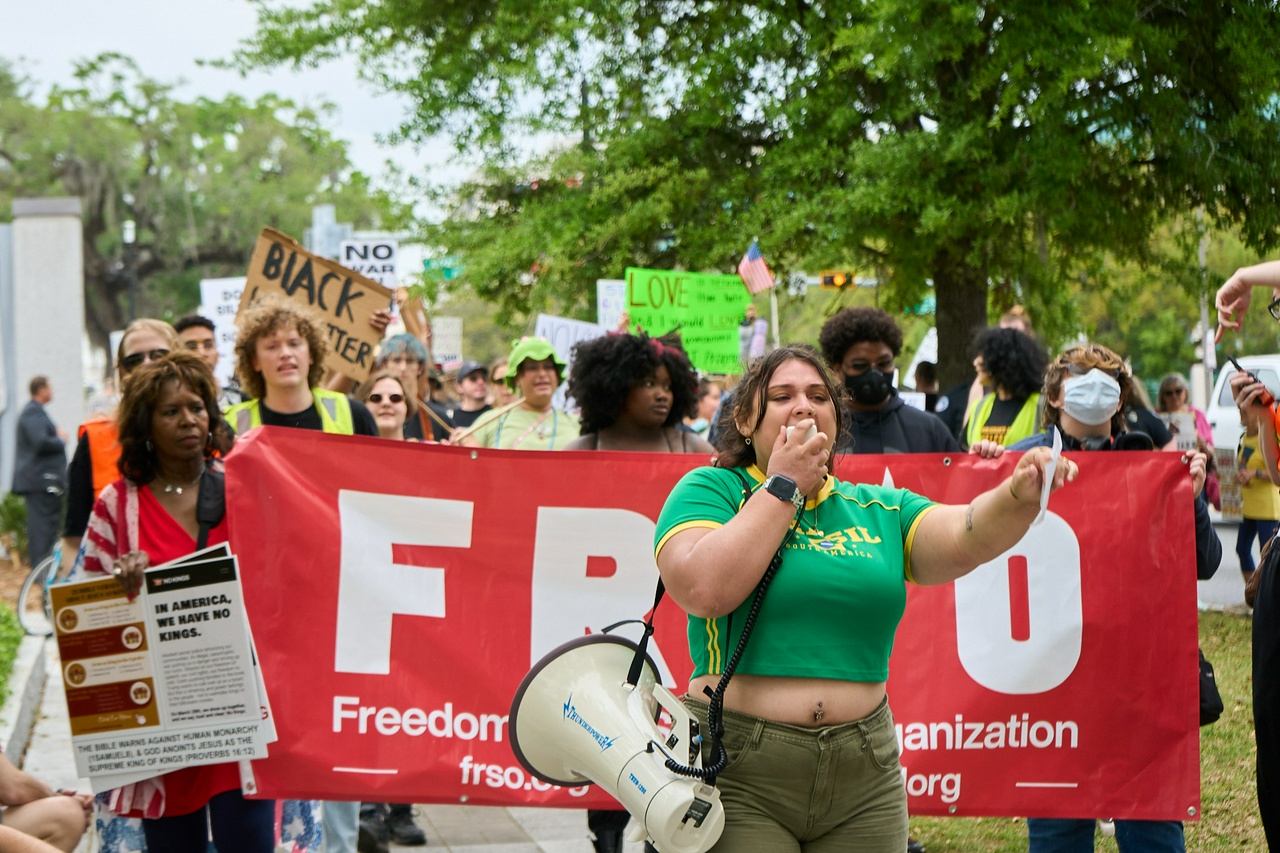 FRSO at Tallahassee No Kings protest. . | Photo: Fight Back! News FRSO at Tallahassee No Kings protest.