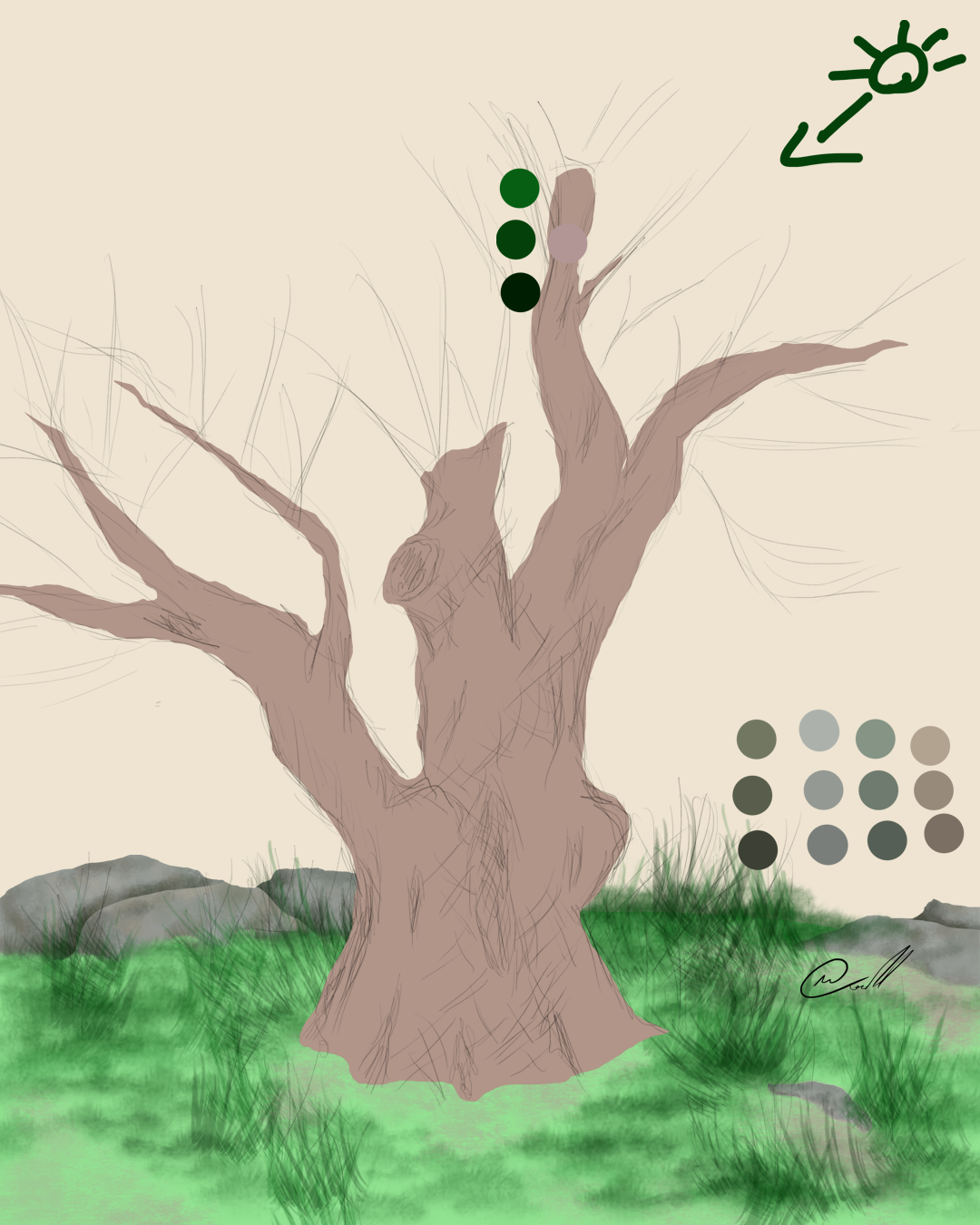 A digital drawing of a tree on hill. With some details added to grass and rocks. Work in progress.
