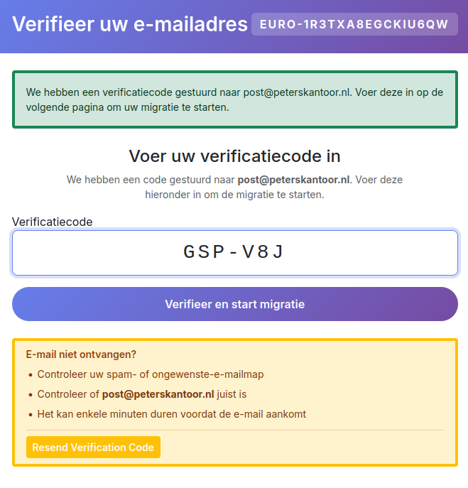 Formulier om verificatiecode in te vullen om emailadres te verifieren