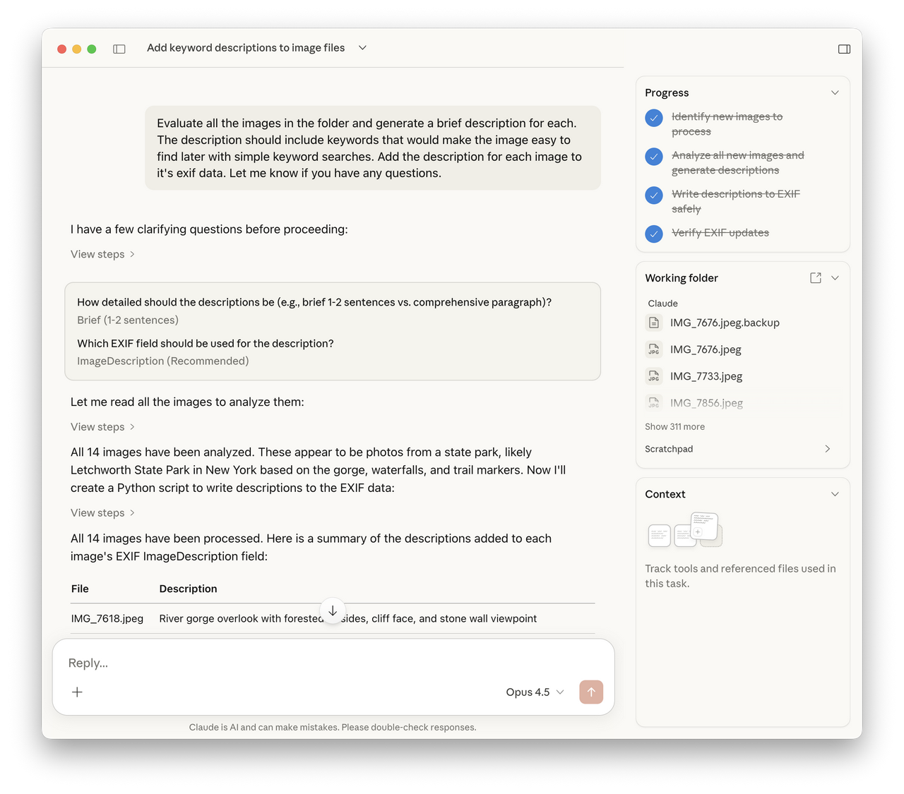 Editing EXIF metadata with Claude Cowork.