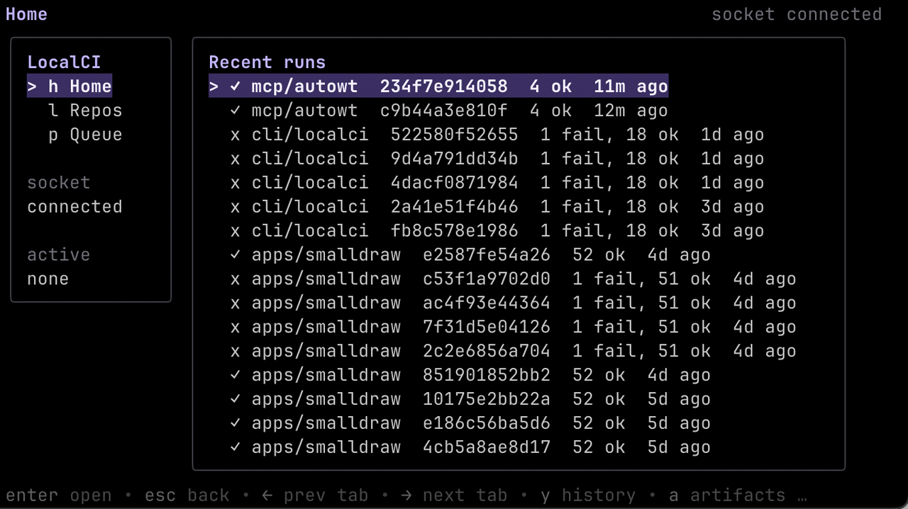 Terminal-based UI, interactively showing recent runs by git repository