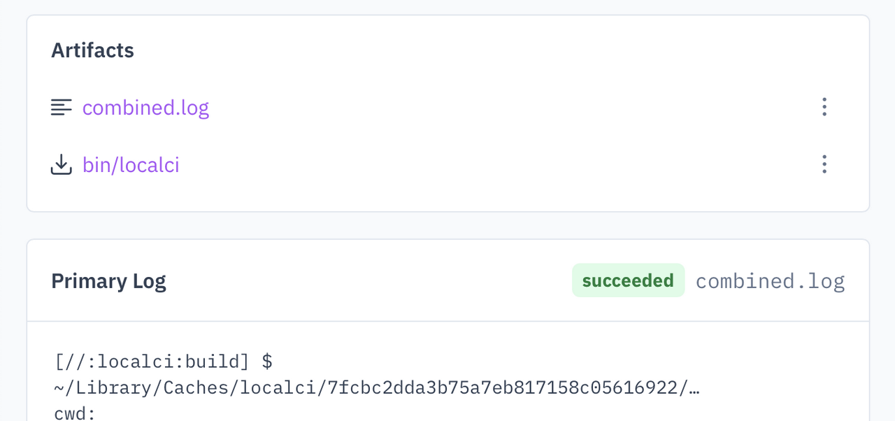 A web page showing the log output of the 'build' task, with a downloadable artifact
